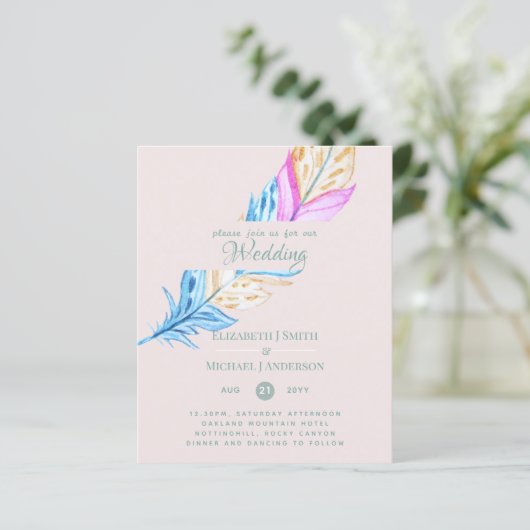 Modern Boho Feather Colorful Budget Wedding Invite (Staand voorkant)