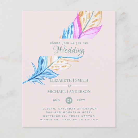 Modern Boho Feather Colorful Budget Wedding Invite (Voorkant)