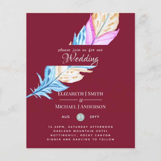 Modern Boho Feather Colorful Budget Wedding Invite (Voorkant)