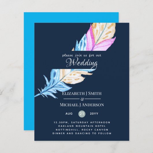 Modern Boho Feather Colorful Budget Wedding Invite (Voorkant / Achterkant)