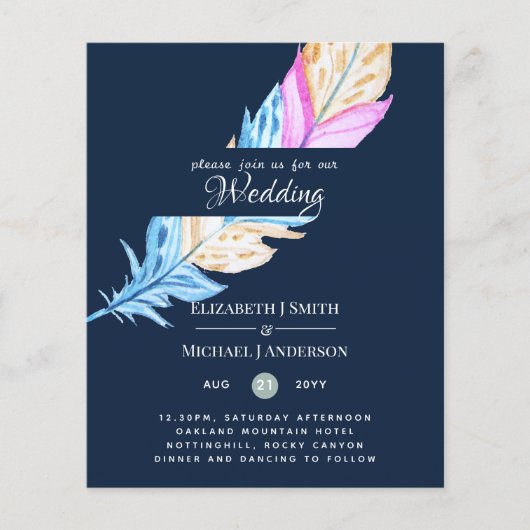 Modern Boho Feather Colorful Budget Wedding Invite (Voorkant)