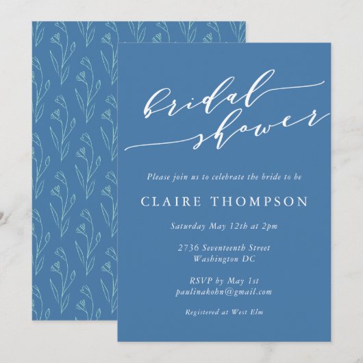 Modern Boho Floral Art Blue Script Vrijgezellenfee Kaart (Voorkant / Achterkant)