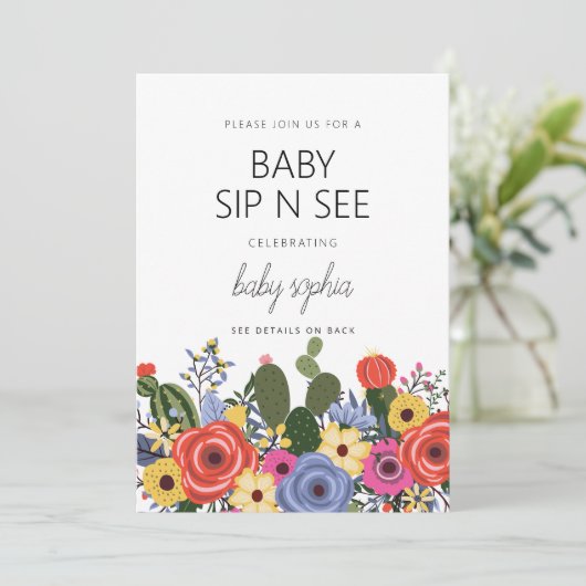 Modern Boho Floral Baby Sip en zie uitnodiging (Staand voorkant)