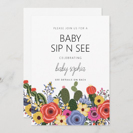 Modern Boho Floral Baby Sip en zie uitnodiging (Voorkant / Achterkant)