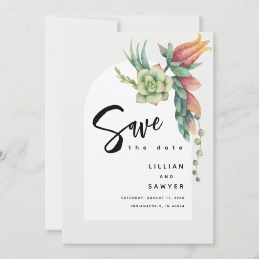 Modern Boho Floral Botanical Succulent Ecru Felt Save The Date (Voorkant)