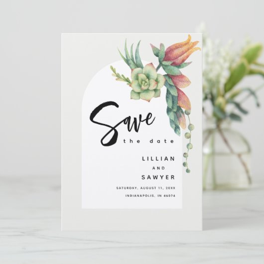 Modern Boho Floral Botanical Succulent Ecru Felt Save The Date (Staand voorkant)