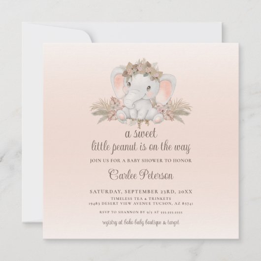 Modern Boho Floral Elephant Baby shower Invitation (Voorkant)