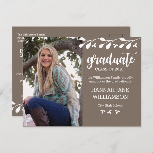 Modern Boho Floral Foto Afstuderen Uitnodiging (Voorkant / Achterkant)