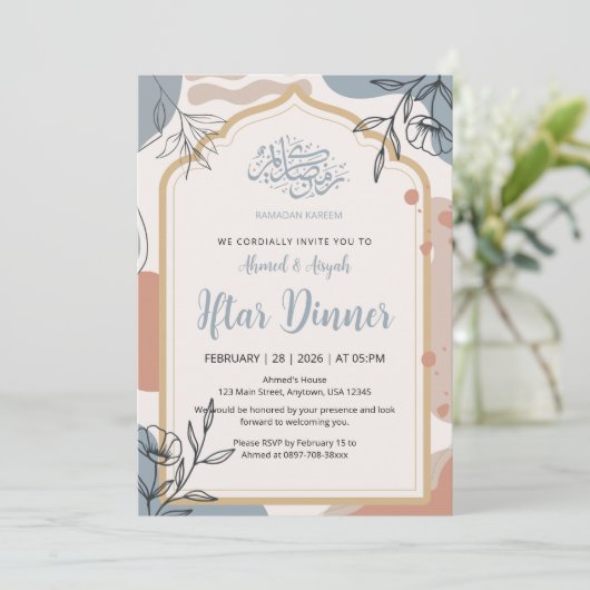 Modern Boho Floral Iftar Dinner Ramadan Invitation Kaart (Staand voorkant)