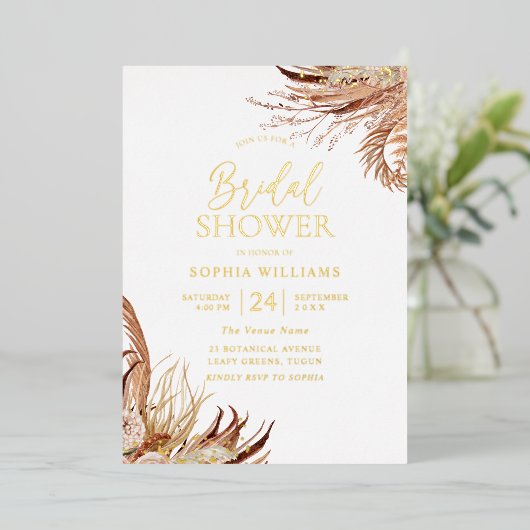 Modern Boho Floral Leaf Bohemian Vrijgezellenfeest Folie Uitnodiging (Staand Voorkant)