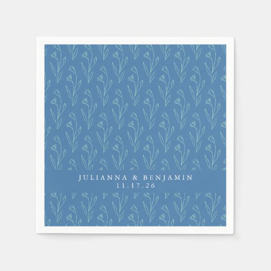 Modern Boho Floral Line Art Blue Custom Wedding Servet (Voorkant)