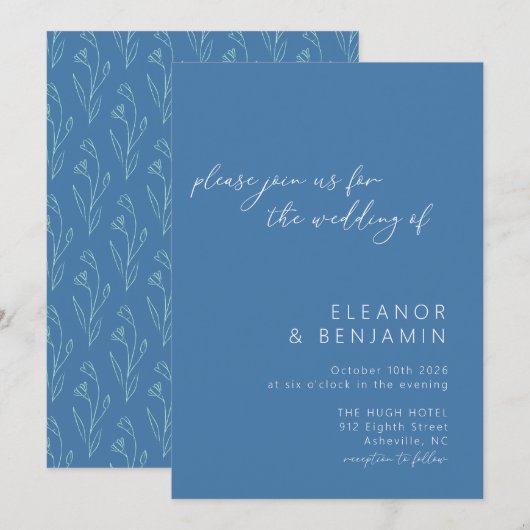 Modern Boho Floral Line Art Blue Script Wedding Kaart (Voorkant / Achterkant)