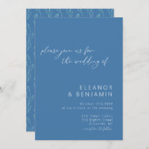 Modern Boho Floral Line Art Blue Script Wedding
