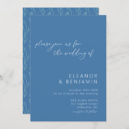 Modern Boho Floral Line Art Blue Script Wedding Kaart
