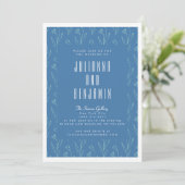 Modern Boho Floral Line Art tekenend Blue Wedding Kaart (Staand voorkant)