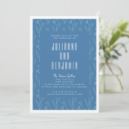 Modern Boho Floral Line Art tekenend Blue Wedding Kaart