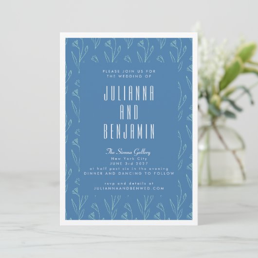Modern Boho Floral Line Art tekenend Blue Wedding Kaart (Staand voorkant)