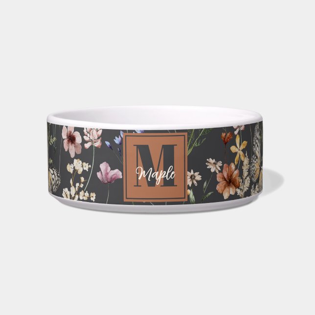 Modern Boho Floral Monogrammed Pet  Voerbakje (Voorkant)