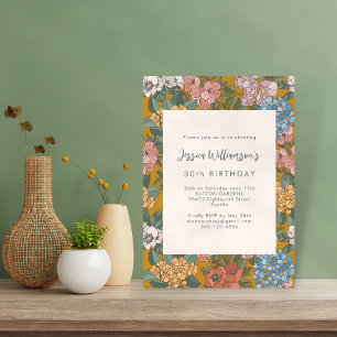 Modern Boho Floral Mustard Yellow Birthday Party Kaart