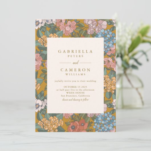 Modern Boho Floral Mustard Yellow Wedding Kaart (Staand voorkant)