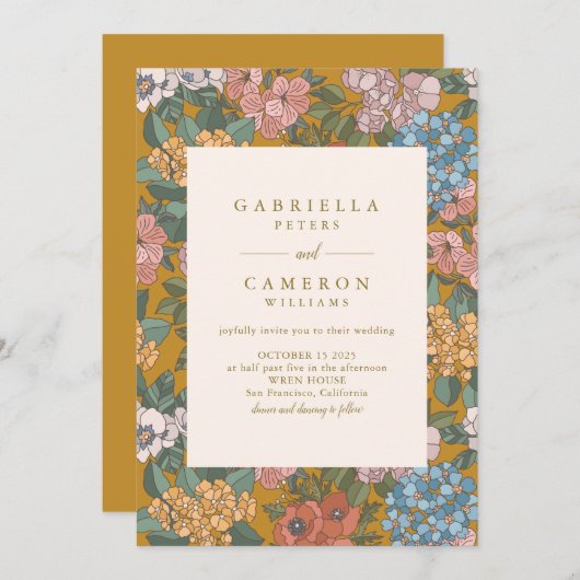 Modern Boho Floral Mustard Yellow Wedding Kaart (Voorkant / Achterkant)