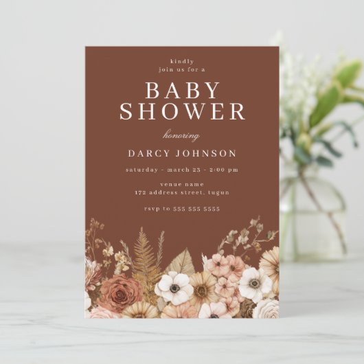 Modern Boho Floral Neutral Baby Shower Kaart (Staand voorkant)