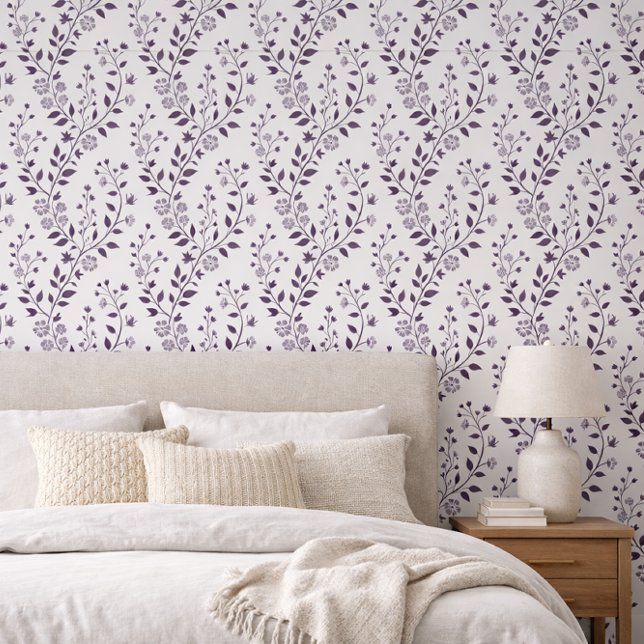 Modern Boho Floral Pattern Plum White Behang (Creator heeft geüpload)