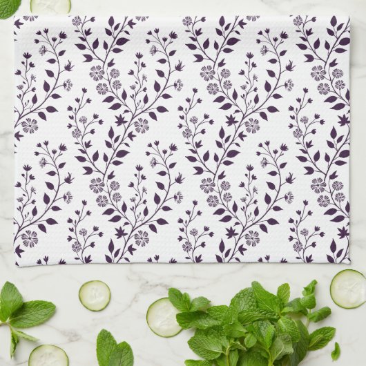 Modern Boho Floral Pattern Plum White Theedoek (Gevouwen)