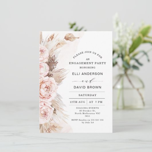 Modern Boho Floral Peonies Pampas Grass Verloving Kaart (Staand voorkant)