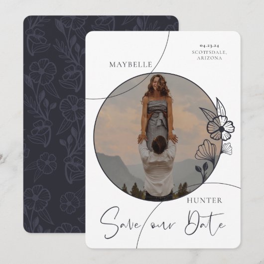Modern Boho Floral Roos Foto Circle Navy & White Save The Date (Voorkant / Achterkant)