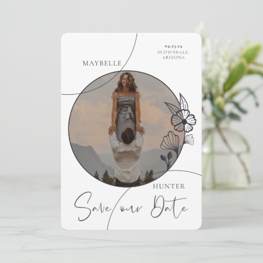 Modern Boho Floral Roos Foto Circle Navy & White Save The Date (Staand voorkant)