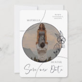 Modern Boho Floral Roos Foto Circle Navy & White Save The Date (Voorkant)