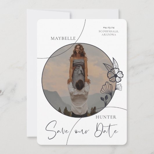 Modern Boho Floral Roos Foto Circle Navy & White Save The Date (Voorkant)