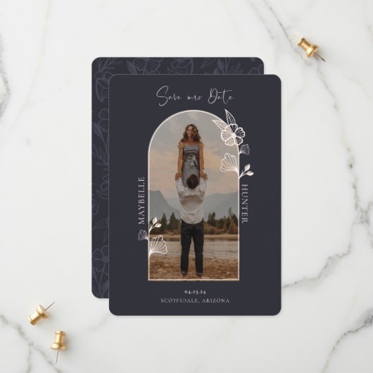 Modern Boho Floral Roos Photo Arch Black Save The Date (Voorkant / Achterkant in situ)
