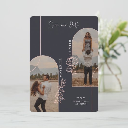 Modern Boho Floral Roos Photo Arch Black Save The Date (Staand voorkant)