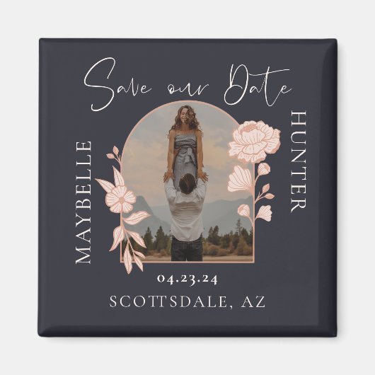 Modern Boho Floral Roos Photo Arch Navy Magneet (Voorkant)