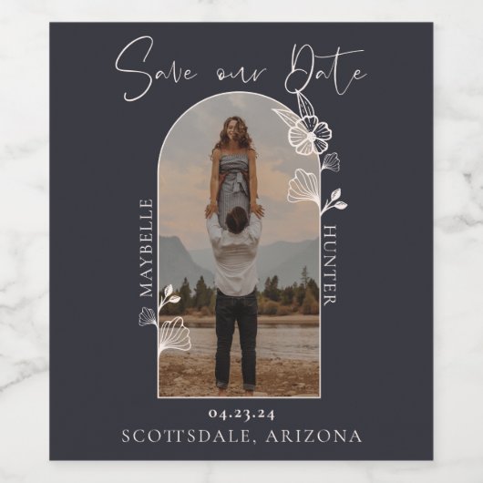 Modern Boho Floral Roos Photo Arch Navy Wijn Etiket (Enkel label)