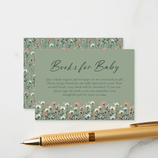 Modern Boho Floral Sage Green Baby in Bloom Shower Informatiekaartje (Voorkant / Achterkant in situ)