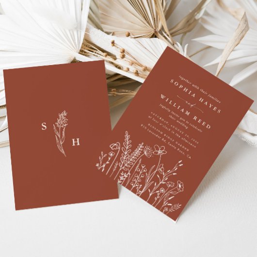 Modern Boho Floral Terracotta Burnt Orange Wedding Kaart