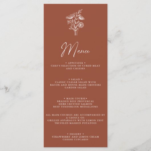 Modern Boho Floral Terracotta Burnt Oranje Wedding Menu (Voorkant)