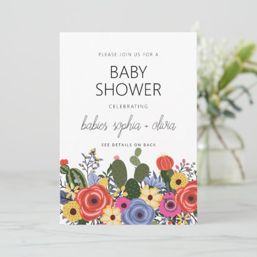 Modern Boho Floral Twin Baby shower Uitnodiging (Staand voorkant)