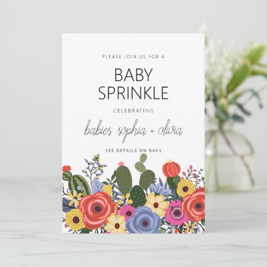 Modern Boho Floral Twin Baby Sprinkle Uitnodiging (Staand voorkant)