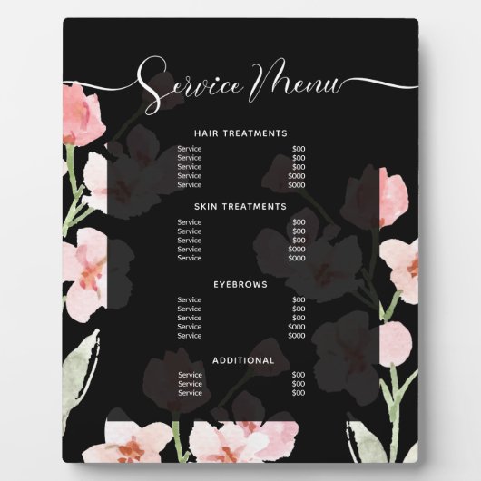 Modern Boho Floral Waterverf Salon Service Menu Fotoplaat (Voorkant)