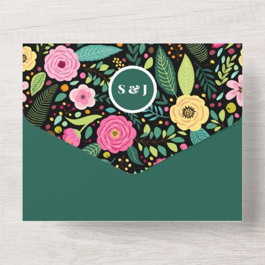 Modern Boho Floral Wedding All In One Uitnodiging (Achterkant)