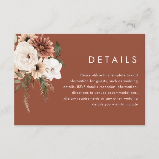 Modern Boho Flowers Terracotta Wedding Details Informatiekaartje (Voorkant)