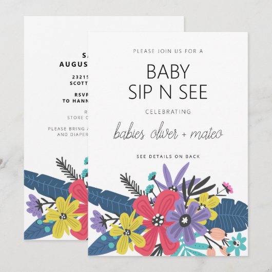 Modern Boho Flowers Twin Boy Baby Sip en See Kaart (Voorkant / Achterkant)