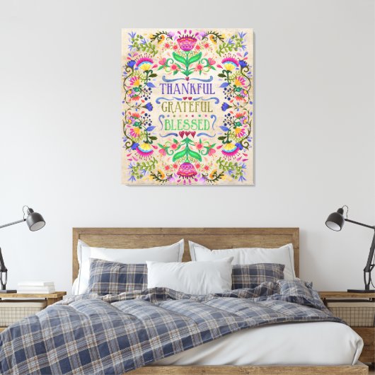 Modern Boho Folk Art Flowers | Gezegend Canvas Afdruk (Insitu (Slaapkamer))
