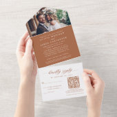 Modern Boho Foto RSVP QR Code Terracotta Wedding All In One Uitnodiging (Afscheurbaar)