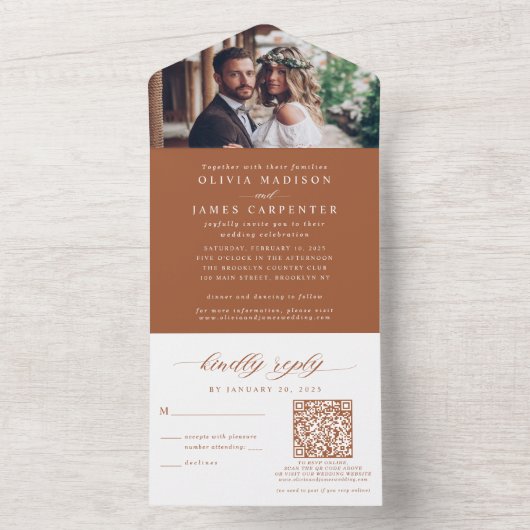 Modern Boho Foto RSVP QR Code Terracotta Wedding All In One Uitnodiging (Binnen)
