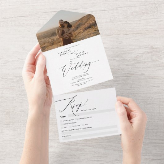 Modern boho foto's, kalligrafie bruiloft all in one uitnodiging (Afscheurbaar)